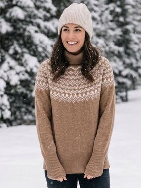 Charter club Women's 100% Cashmere Fair Isle Sweater turtleneck small tan white